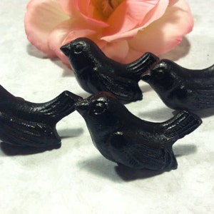 May include: Three black cast iron bird figurines. The birds are in a row, facing the right side of the image. The birds have detailed wings and beaks.
