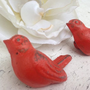 May include: Two small red bird figurines with a distressed finish. The birds are perched on a white surface.