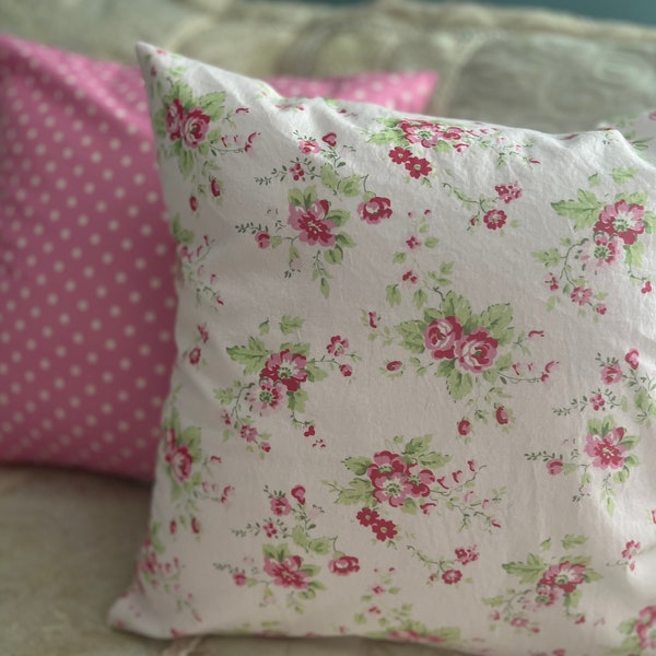 Pillow Covers/ Shabby Chic Pillow Cover/ Light Pink Flower and Pink Poka Dot Pillow Cover/ 2 Pillow Covers/ Handmade Pillow Cover