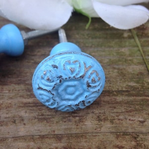 May include: A light blue cabinet knob with a decorative floral design. The knob has a distressed finish and is made of metal.