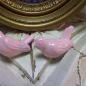 May include: Two pink ceramic bird figurines with a glossy finish. The birds are facing different directions and are perched on a white surface.