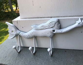 Distressed Cast Iron Mermaid Key Hook - Nautical Wall Decor