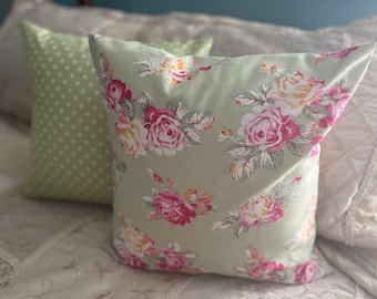 Shabby Chic Pillow Cover/ Light Mint Green with Pink Flowers and Light Green Poka Dot Pillow Covers/2 Pillow Covers/ Handmade Pillow Cover
