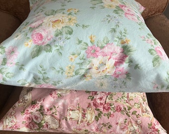 Pillow Covers/ Shabby Chic Pillow Cover/ Blue Flower Pillowcase, Pink Teacup Pillow Cover/ 2 Pillow Covers/ Handmade Pillow Cover