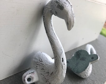Distressed White Cast Iron Flamingo Hook - Tropical Decor (Set of 2)