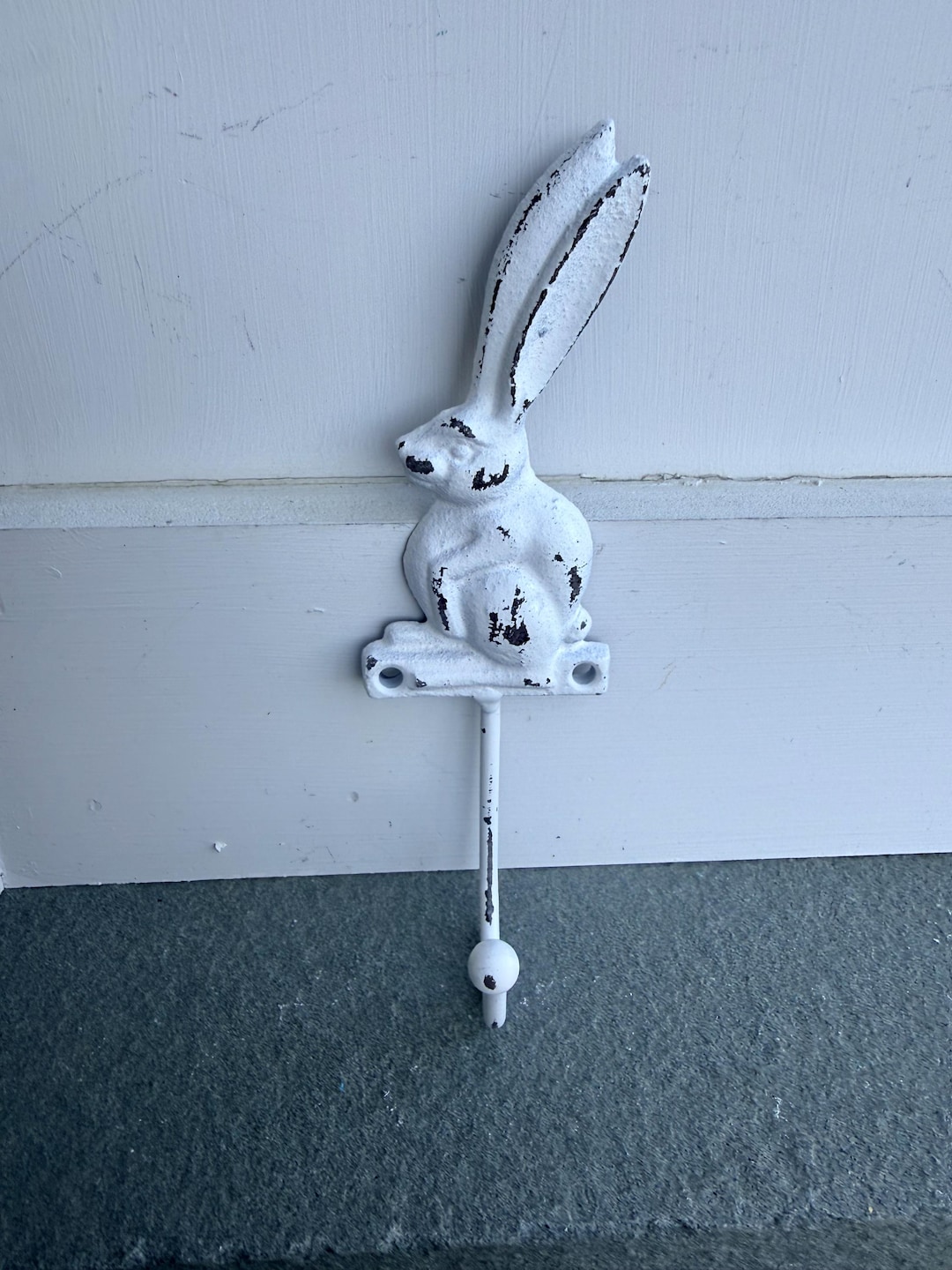 Distressed Cast Iron Rabbit Hook, White Distressed Metal, Spring Summer ...