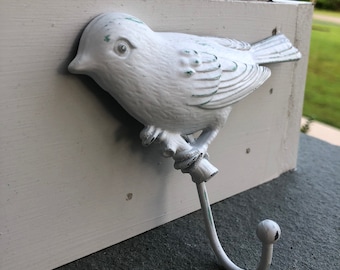 Shabby Chic Bird Wall Hook: Distressed White Cast Iron Hanger