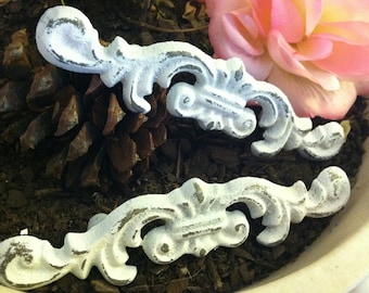 Set of 2 Distressed White Cast Iron Drawer Pulls: Shabby Chic Knobs