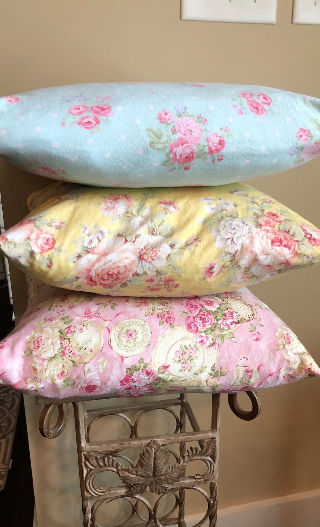 Pillow Covers/ Shabby Chic Pillow Cover/ Light Blue, Yellow, Pink