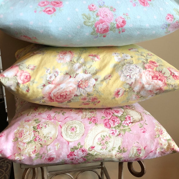 Pillow Covers/ Shabby Chic Pillow Cover/ Light Blue, Yellow, Pink Teacup Pillow Cover/ 3 Pillow Covers/ Handmade Pillow Cover