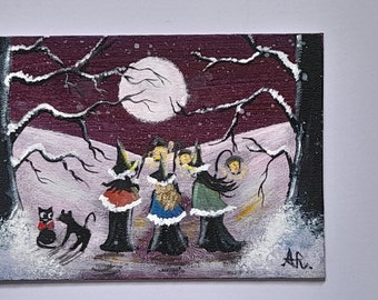 Witches Gather - Original Hand Painted Acrylic on Canvas Painting. 7 x 5 inches from Cornwall.