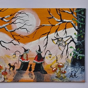 May include: Acrylic painting of a Halloween scene with two witches, black cats, and mushrooms. The witches wear black hats and cloaks, and carry lanterns. The background features a full moon and bare trees.