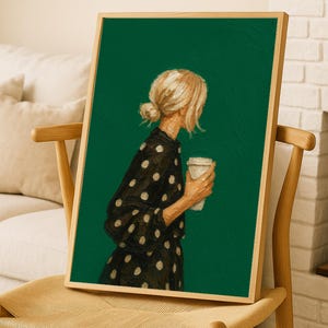 Woman Drinking Coffee Emerald Green Wall Art Modern Abstract People Contemporary Painting Trendy Printable Digital Download