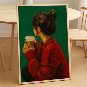 Woman Drinking Coffee Emerald Green Wall Art Modern Abstract People Contemporary Painting Trendy Printable Digital Instant Download