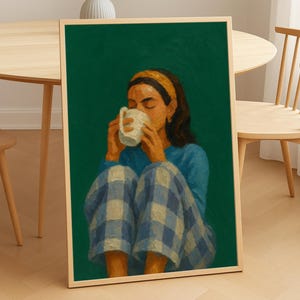 Woman Drinking Coffee Emerald Green Wall Art Modern Abstract People Contemporary Painting Trendy Printable Digital Download