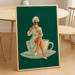 Woman Drinking Coffee Emerald Green Wall Art Modern Abstract People Contemporary Painting Trendy Printable Digital Download