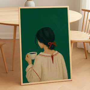 Woman Drinking Coffee Emerald Green Wall Art Modern Abstract People Contemporary Painting Trendy Printable Digital Download