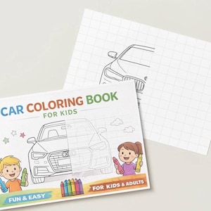 May include: A "Car Coloring Book for Kids" with a partially colored car illustration. The cover features the text "Car Coloring Book for Kids" and "Fun & Easy". A separate sheet shows a car outline. Two cartoon children are holding crayons.