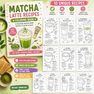 Könnte beinhalten: Ein Matcha Latte Rezepte Malbuch mit 10 einzigartigen Rezepten, mit einfachen Rezepten und schönen Getränken. Enthält einen Schneebesen, Matcha-Pulver und eine Tasse Matcha Latte. Das Buch ist zum Entspannen und Ausmalen konzipiert.