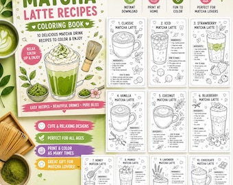Matcha Malbuch mit Rezepten, druckbare PDF-Datei, 6 Rezepte mit Rezept, Ausmalseiten für Erwachsene, entspannendes Geschenk für Matcha-Liebhaber, Instant Dow