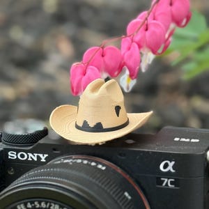 May include: A miniature straw cowboy hat with a black band and a decorative black design. The hat is resting on a black camera with a lens. Pink bleeding heart flowers are in the background.