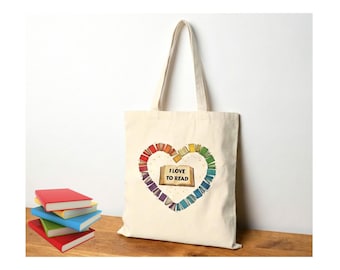 Bolsa de tela "Corazón de Libros": "Me encanta leer". Bolsa de lona reutilizable, regalo para el lector.