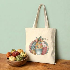 Kürbis Patchwork Einkaufstasche: Cottagecore gesteppte Herbst-Art-Geschenk-Idee wiederverwendbare Baumwollleinentasche