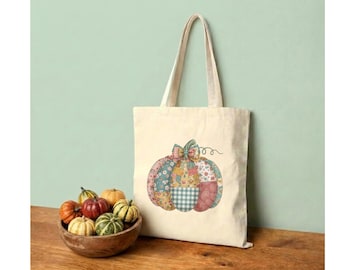 Pompoen patchwork draagtas: Cottagecore gewatteerde herfststijl cadeau-idee herbruikbare katoenen canvas draagtas