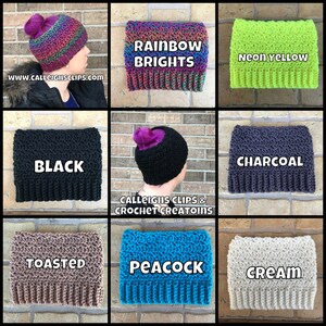 May include: Nine crocheted hats in various colors, including rainbow, neon yellow, black, charcoal, toasted, peacock, and cream. The hats are designed to be worn with a bun.