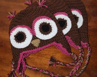 Owl Earflap Hat - Brown and Rose - newborn, toddler, child sizes