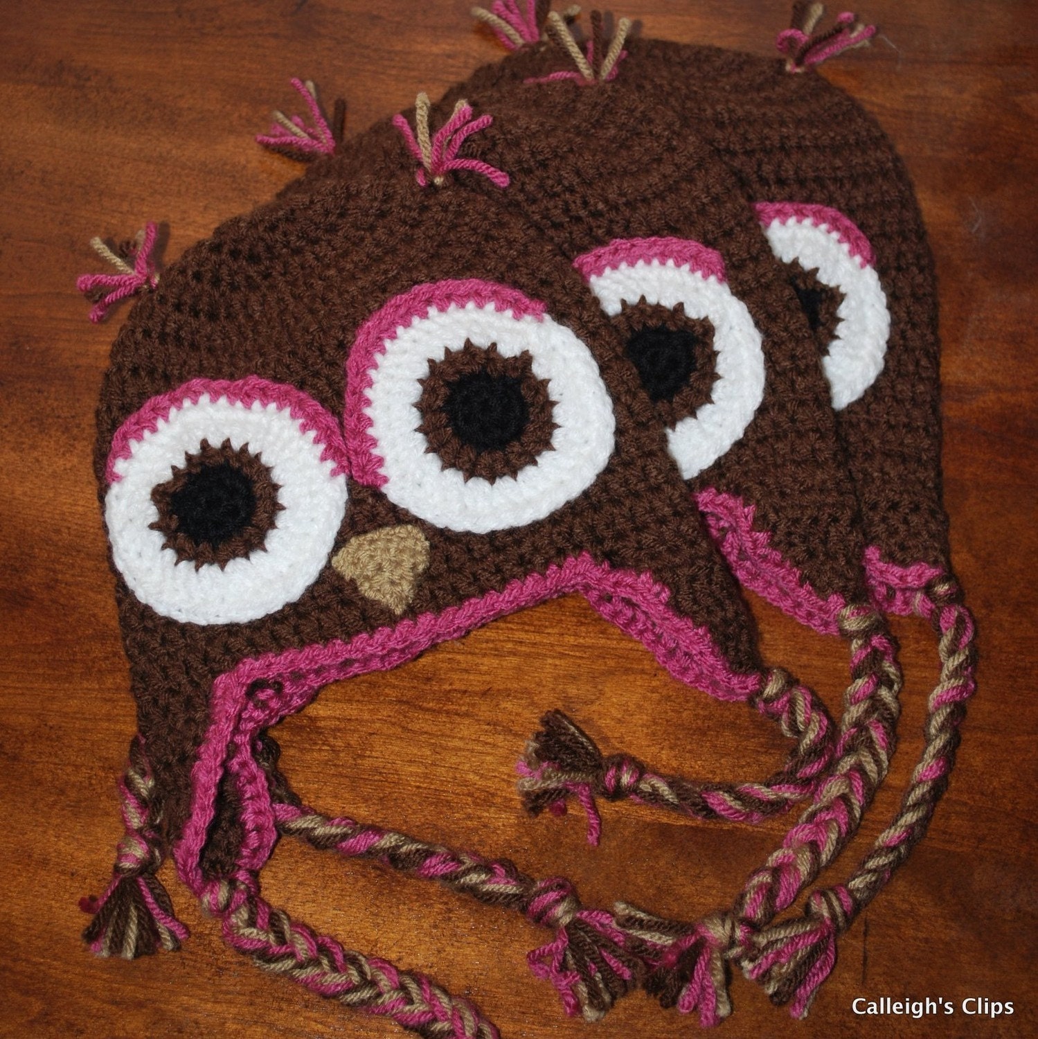 Owl Earflap Hat - Brown and Rose - newborn, toddler, child sizes
