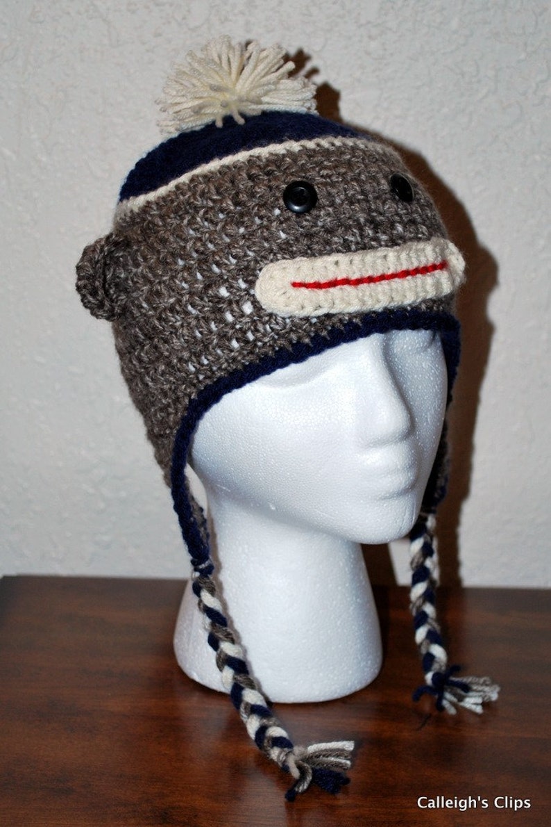 Sock Monkey Earflap hat Personnalisez vos couleurs NB KIds tailles image 3