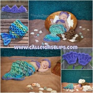 May include: A crocheted mermaid tail costume for a baby, in shades of blue and green. The tail is made of multiple rows of crocheted scales. The costume also includes a matching crocheted crown.