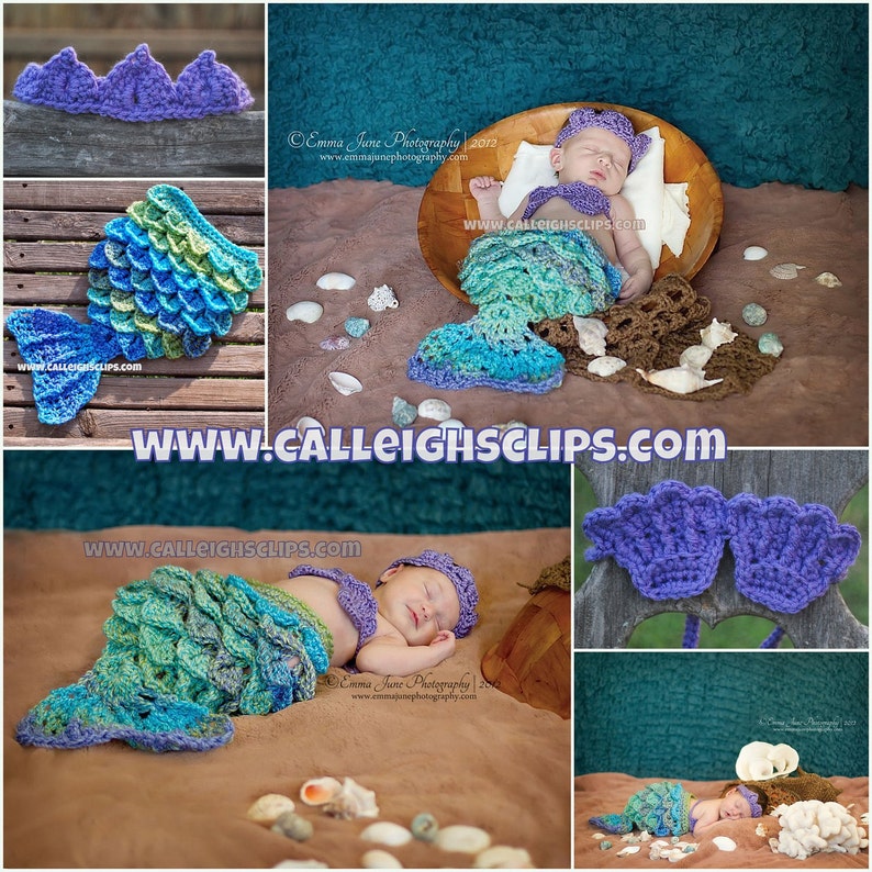 May include: A crocheted mermaid tail costume for a baby, in shades of blue and green. The tail is made of multiple rows of crocheted scales. The costume also includes a matching crocheted crown.
