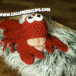 May include: A newborn baby wearing a red crocheted lobster costume with white eyes. The costume is on a white furry surface.