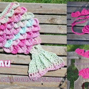 May include: A pink and green crocheted mermaid tail with a matching pink crocheted crown. The tail is made with a scale pattern and the crown has a scalloped edge. The text "LUAU" and "www.calleightsclips.com" are visible in the image.