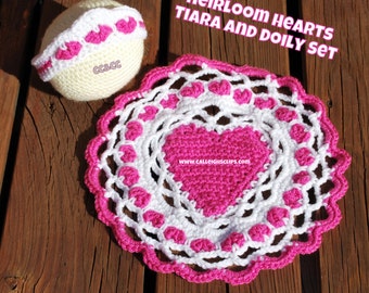 Instant Download Crochet Pattern No. 114  - Heirloom Hearts Tiara & Doily Cape/Mat