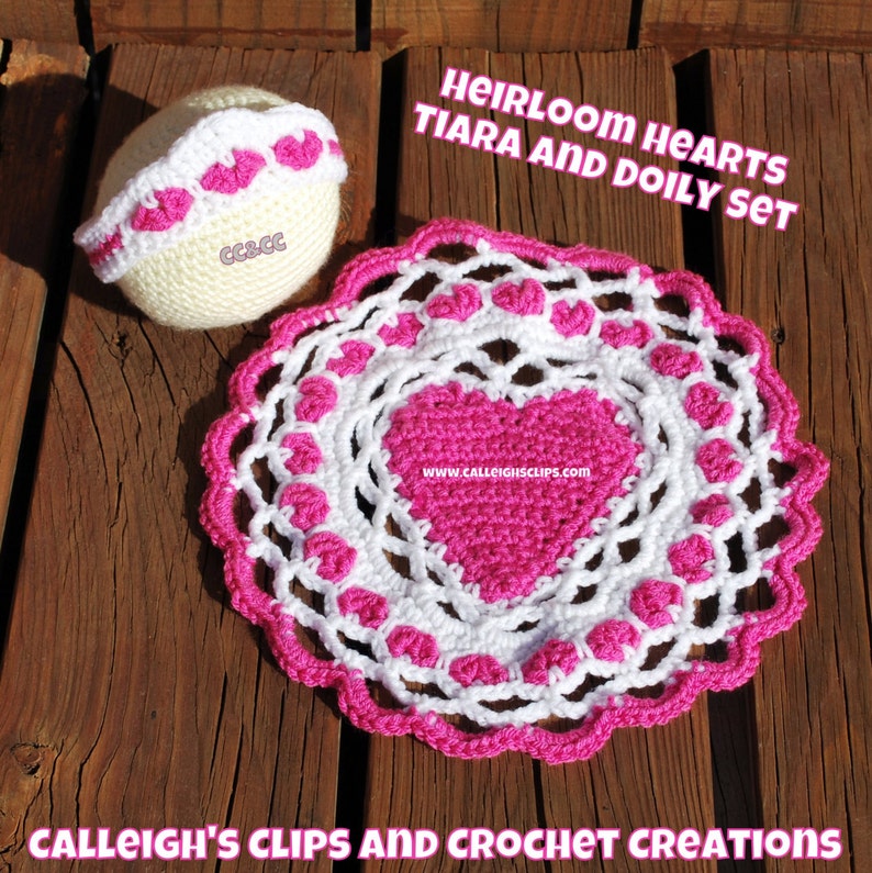 Instant Download Crochet Pattern No. 114 Heirloom Hearts Tiara & Doily Cape/Mat image 1