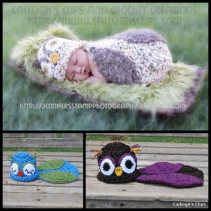 May include: A set of three crocheted owl baby hats and outfits. The first outfit is brown and gray with a matching hat. The second outfit is blue and green with a matching hat. The third outfit is purple and brown with a matching hat.