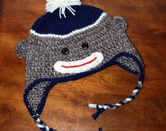 Sock Monkey Earflap hat - Customize your colors- NB - KIds sizes