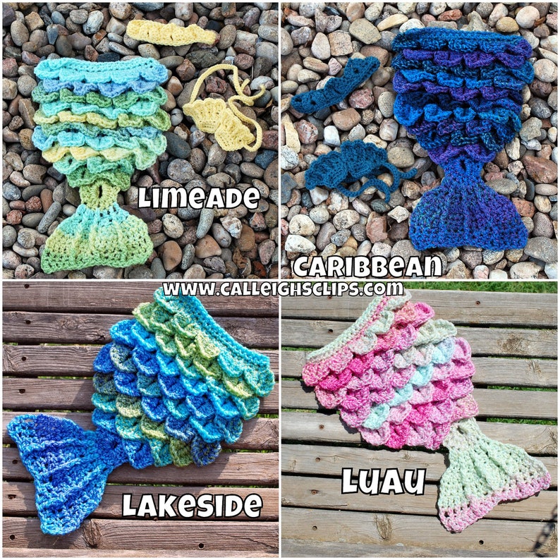 May include: Four crocheted mermaid tails in different color combinations: Limeade, Caribbean, Lakeside, and Luau. Each tail features a unique color gradient and a matching headband.