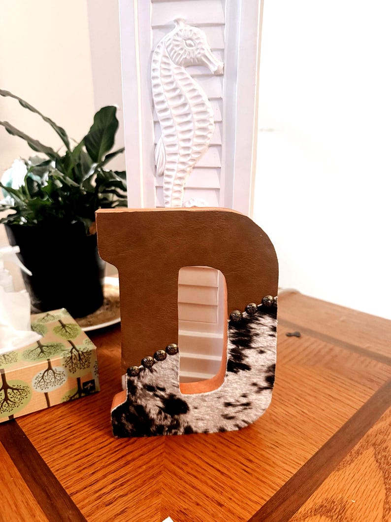 May include: A decorative wooden letter "D" with a brown leather-like front and cowhide pattern on the lower right. The letter is adorned with small, round studs. A white seahorse sculpture sits atop a white shutter-style background.