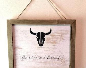 Rustic Bull Skull Wood Sign, Western Farmhouse Wall Decor