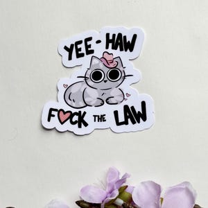 May include: A sticker featuring a cartoon cat wearing a pink cowboy hat. The text "YEE-HAW" is above the cat, and "F**K THE LAW" is below. The cat is gray with large, round eyes and small pink hearts.