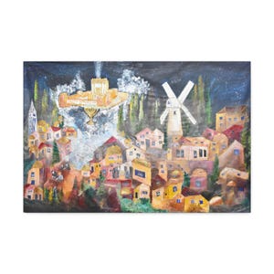 May include: A painting depicting a town with numerous small buildings in shades of yellow, orange, and brown. A large white windmill stands on the right. Above the town, a golden structure rests on a menorah against a dark, starry night sky.