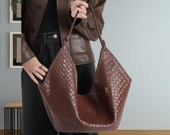 Genuine Leather Woven Tote Bag for Women | New Fashion Cowhide Shoulder Bag | Large Capacity Commuter Handbag | Elegant Work & Travel Purse