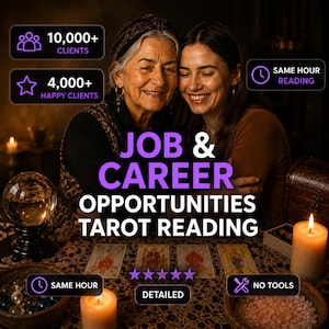 May include: An image promoting tarot reading services. The image features two smiling women, tarot cards, candles, and the text "JOB & CAREER OPPORTUNITIES TAROT READING." Additional text includes "10,000+ CLIENTS," "4,000+ HAPPY CLIENTS," "SAME HOUR READING," and "DETAILED."