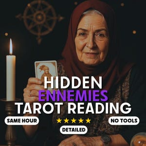 May include: An elderly woman in a burgundy headscarf holds a tarot card with a figure on it. The image has text that reads "HIDDEN ENEMIES TAROT READING" with additional text: "SAME HOUR", "DETAILED", and "NO TOOLS". A lit candle is on the left.