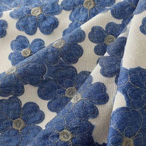 3D Blue Floral Embroidered Fabric: Denim-Look Linen for Sewing