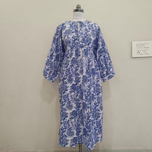 100% Cotton Block Print Dress, Cotton Dress, Women&#39;s Dress, Bestseller,| Midi Dress Floral, Floral Block Print, Blue Print Dress